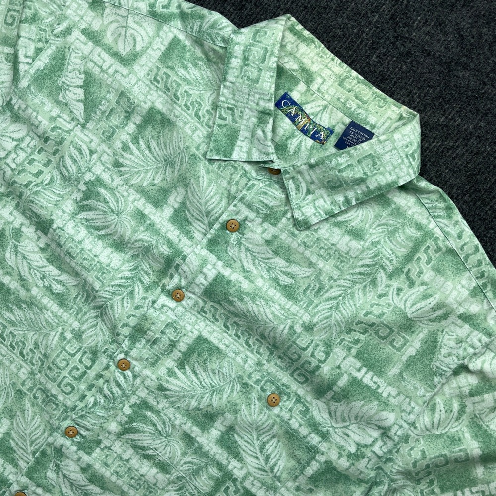 Campia Mens XL Green Tropical Leaf Button Down Shirt Short Sleeve Cotton Vintage